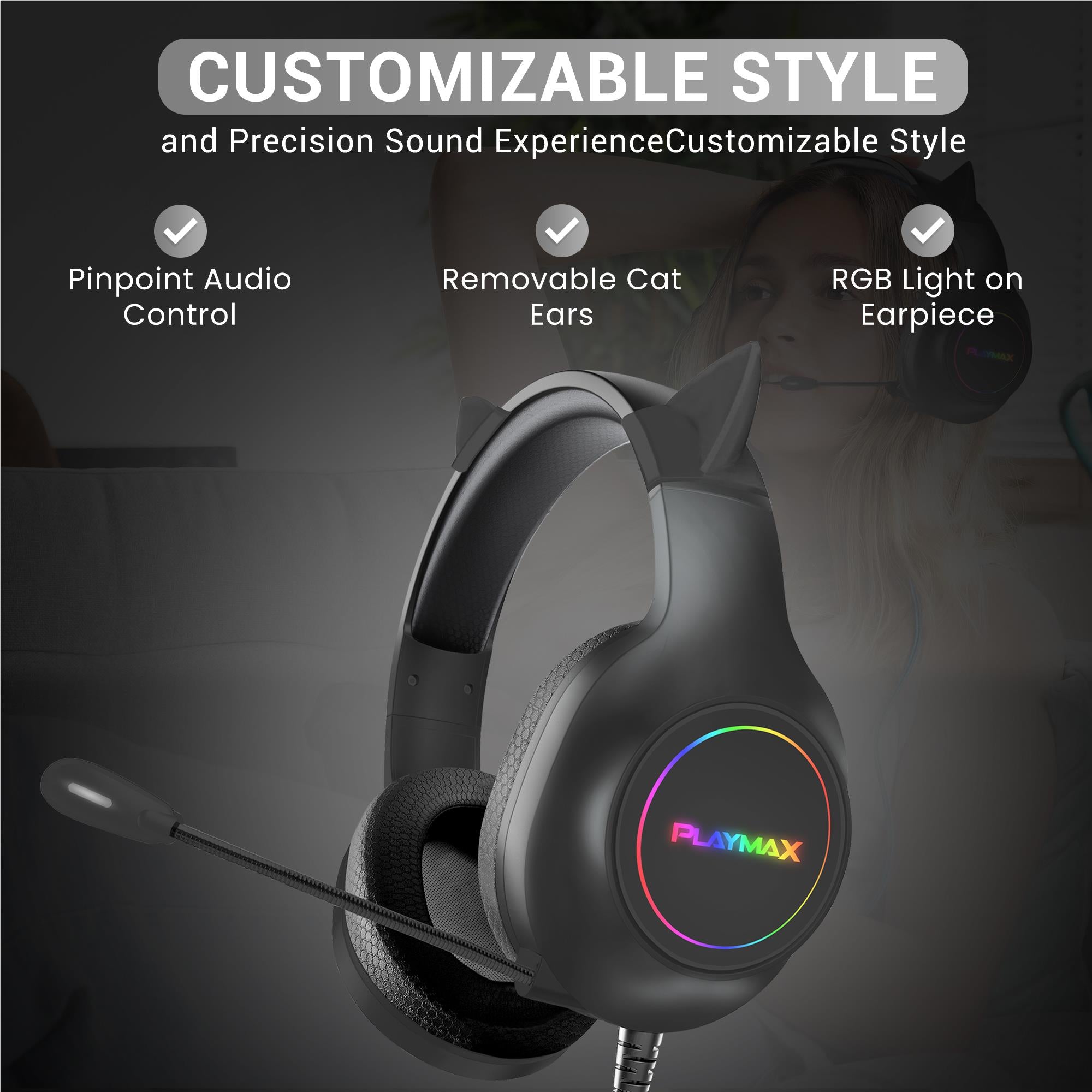 Playmax RGB Cat Ear Gaming Headset - Black